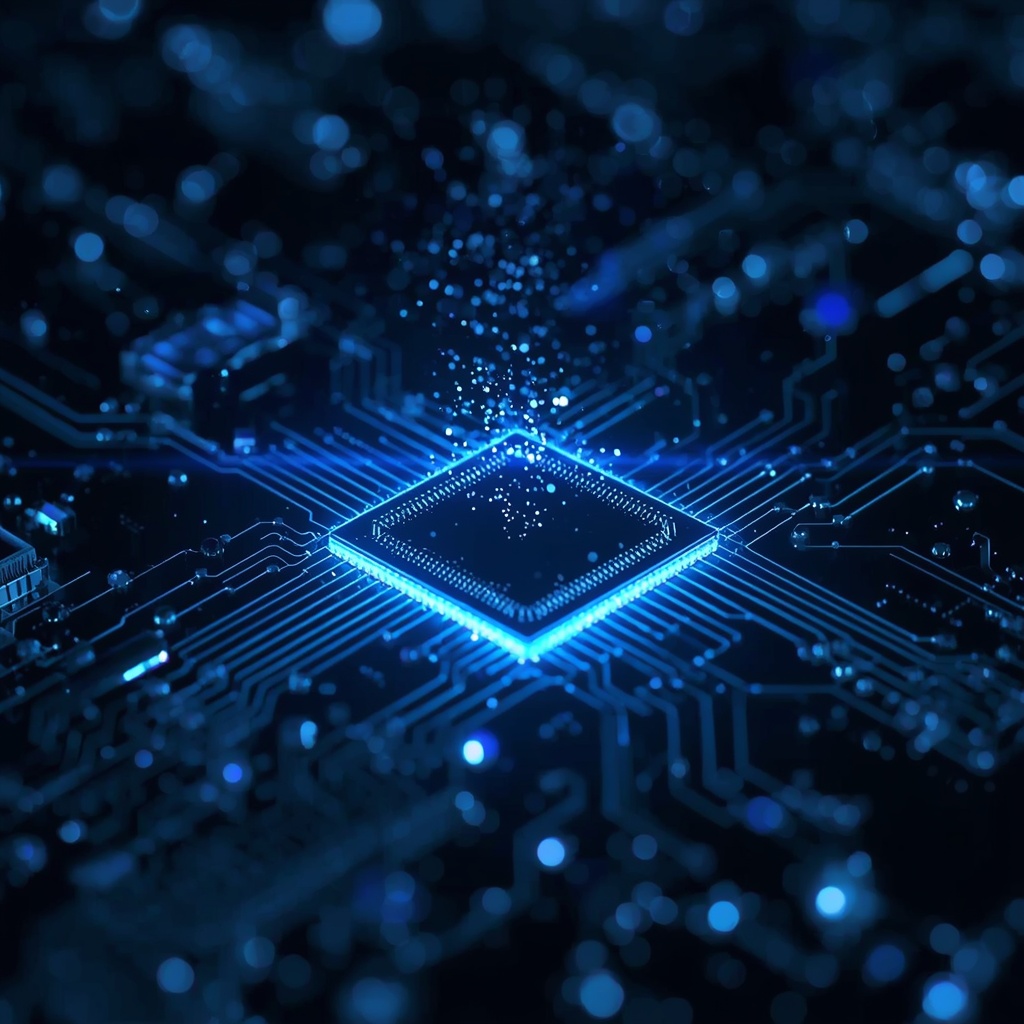 A glowing quantum computer chip floating in a dark environment with abstract data streams and blue light flares, highly detailed macro photography.